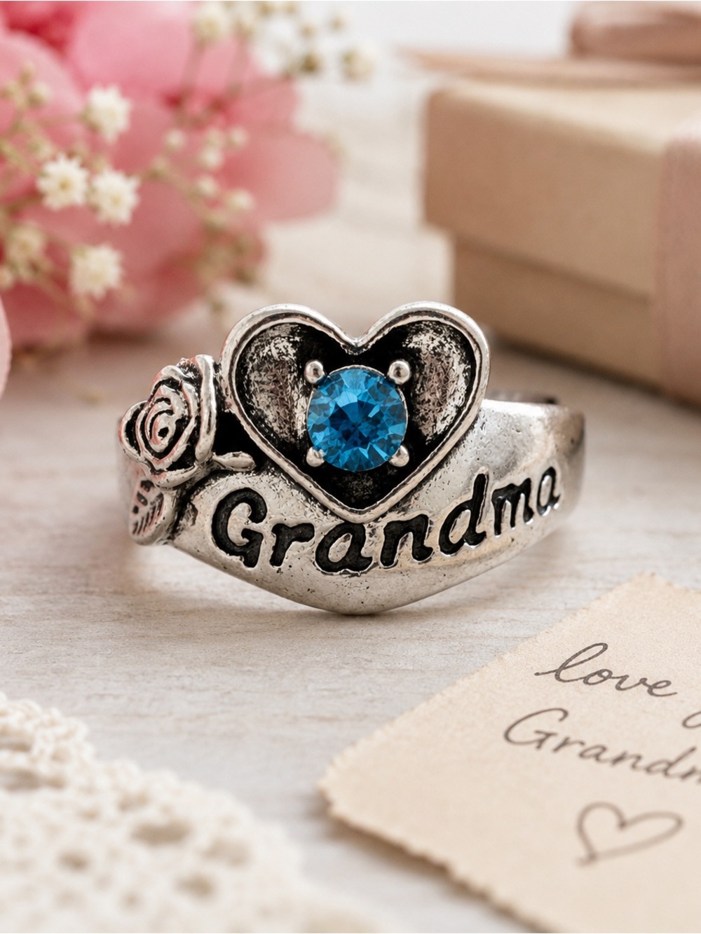 Grandma Heart Ring with Blue Gemstone